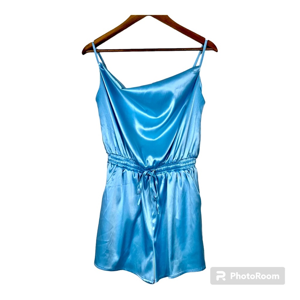 AKIRA women’s blue Slip satin Romper tie-front, elastic waist band Size S NWOT‎